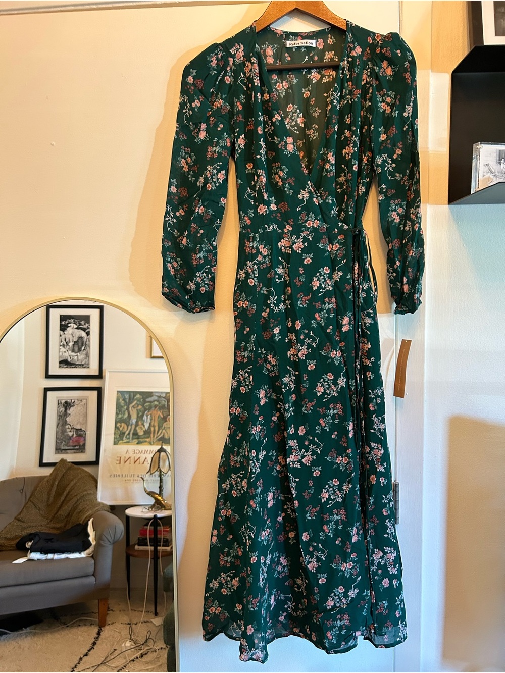 NEW Reformation Floral Wrap Maxi Dress in Deep Green Melba Dress